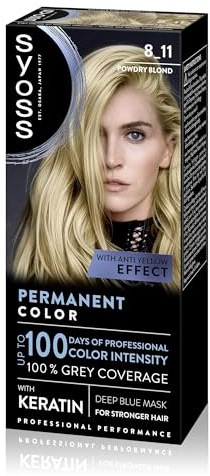 SYOSS Permanent Cool Color 8-11 Rubio Claro, tinte de pelo matizador y mascarilla intensiva con keratina, para una cobertura profesional de canas, color duradero