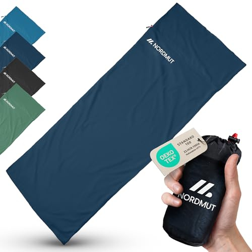 NORDMUT® Saco de Dormir Ultraligero para albergues, de Microfibra o algodón: Saco de Viaje Transpirable, de tamaño Compacto y Especialmente Suave, con Funda para Almohada (Azul marinol/Algodón)