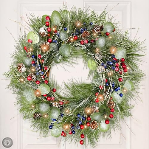 Timer - 20 Inch Lighted Christmas Wreaths for Front Door, Winter Wreath with 30 LED Lights Snowy Pine Needles Eucalyptus Cypress Leaves Pinecones Red Blue Berries Xmas Wreath for Window Wall Mantle