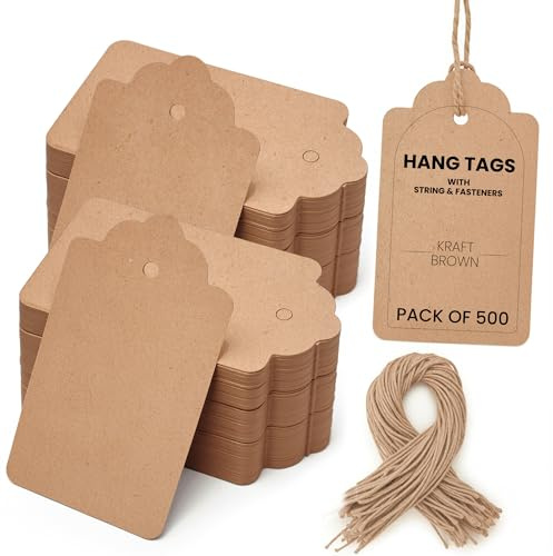 Juvale 500-Pack Blank Hang Tags with String and Fasteners - 2 x 3.5 in Cardstock Paper Tags for Labeling, Pricing, and Gifting - Kraft Brown Tags for Retail, Clothing, Gifts, and Craft Projects