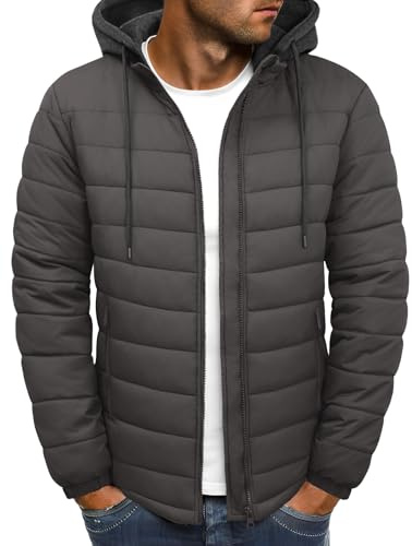 Lonya Chaqueta Hombre Invierno Chaqueta Acolchada Ligera Termico Gruesa Termal Cazadora Chaquetas Acolchado de Algodón Abrigo Casuales Sudadera con Capucha Desmontable, Gris, XL