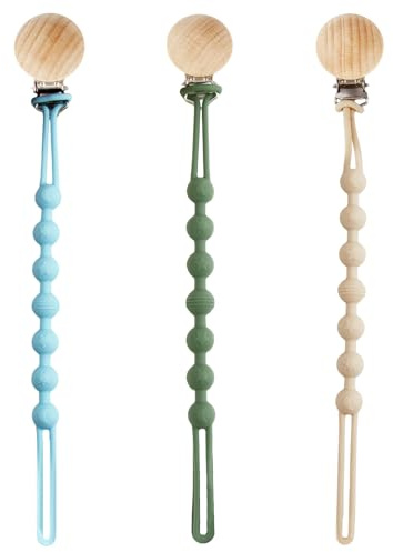 Attache-tétine Silicone Lot de 3, Chaine Tétine Bébé, Aide à la Dentition Silicone Alimentaire, Sans BPA Résiste à l’ébullition, Pour Fille Garçon(Vert armée/Kaki/Bleu clair)