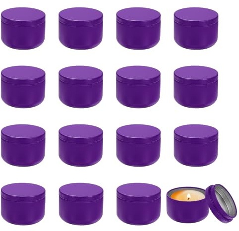 QUARKZMAN Latas De Vela De 3 Onzas, 16 Piezas Latas De Metal Para Velas Con Tapas, Envases Redondos Vacíos A Granel Para Almacenar Té Y Hacer Manualidades Artesanías navideño, Morado