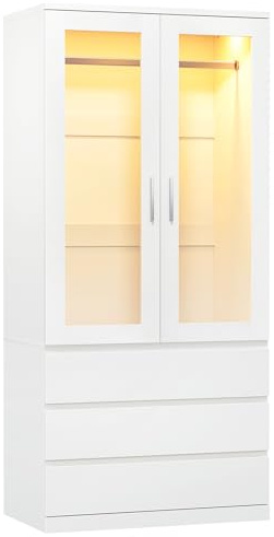 Dripex 2 Dooor 3 Large Drawers Armoire Wardrobe Closet with LED Lights，80x48x180 CM,Modern Clothes Shelf Furniture & Hanging Rail, Wooden Clothes Storage Cupboards Unit（White，Wood）