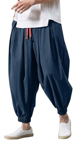 Sobzia Kirakuco Pantaloni Giapponesi Uomo Lino Estivi Elasticizzati Larghi Pantalaccio Leggeri Traspirante Harem Pants Baggy Lavoro Jogging Pantalone da Yoga e Spiaggia S-5XL