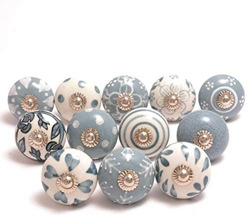 The Boho Street Hochwertige Keramik-Türgriffe - Verschiedene 12 Keramikknöpfe in Grau und Weiß, gemischte Designs, Schranktürknöpfe, Schubladengriffe