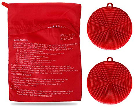 Premium Microwave Potato Bag Kit, with 2PCS Silicone Vegetable Scrubber Brush, Reusable Baked Potato Pouch and Multipurpose Silicone Dish Sponge - Perfect Dishes in Just 4 Min (Red)