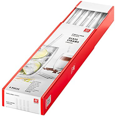 ZWILLING Sorrento Glass Straws Sustainable and Reusable Borosilicate Glass for Cold and Hot Drinks, Pack of 4, Length: 23 cm, Straight Shape, Colour: Transparent, Includes Cleaning Brush