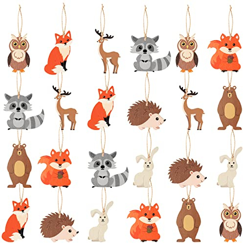 Haooryx Christmas Woodland Animal Hanging Wooden Ornaments - 25Pcs Rustic Forest Owl Squirrel Raccoon Deer Hedgehog Wood Crafts Pendant Tags for Christmas Tree Decoration Xmas Party Decor Supplies