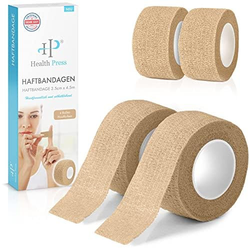 Health Press® Fingerpflaster Selbsthaftend – 4x Pflaster Rolle (2,5cm x 4,5m) – Verband Selbstklebend – Elastisches Tape wasserfest – Staub-, Fett- & Schmutzabweisendes Pflasterband (Beige, 4 Rollen)