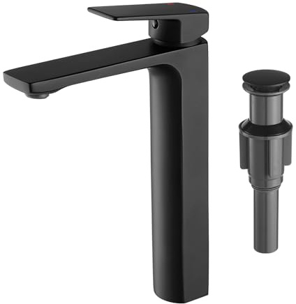 VOTON Schiff Waschbecken Wasserhahn Matt Schwarz Hoch Badezimmer Wasserhahn Einhandmischer Waschtisch Waschbecken Wasserhahn 1 Loch Waschbecken Mischbatterie mit Wasserzulaufschlauch und Pop Up