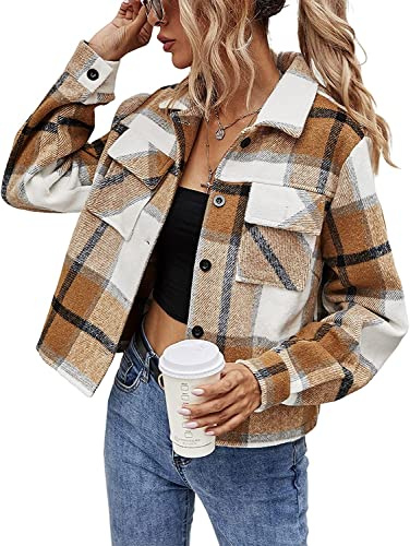 Binshre Womens Fashion Cropped Plaid Shacket Flannel Long Sleeve Button Down Jackets Coat for Women 2023 Fall Khaki US 4-6