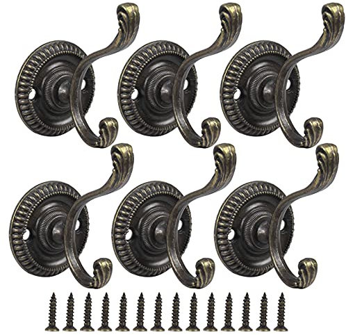 HQdeal Vintage Kleiderhaken 6 Stück Bronze Retro Haken Doppelhaken Garderobenhaken Wandhaken Handtuchhaken Metall Huthaken Mantelhaken mit 12Pcs Schrauben für Badezimmer Küche Büro Toilette