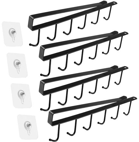 YiliYa 4 Pièces Porte Tasse à à Suspendre, Placard Rangement Crochets Suspension, Porte Verres Suspendu sous Armoire Organisateur sans Perçage (Noire)