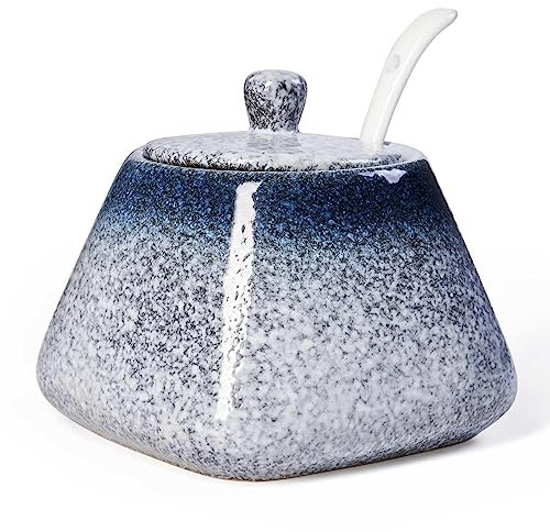 mehrido Ceramic Sugar Bowl with Lid and Spoon, 430ml Porcelain Sugar jar for Coffee Bar, Home and Kitchen, Elegant Storage Container for Sugar, Salt, and Condiments