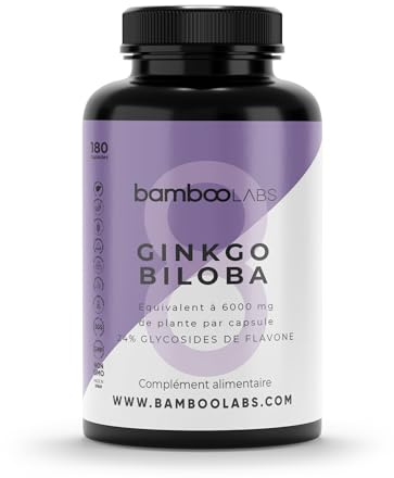 Bamboo Labs - Ginkgo Biloba 6000 mg, 100% Naturales con 24% Flavonoides y 6% Terpenos, Ginko Biloba Capsulas es un Potente Antioxidante que Mejora la Memoria y la Concentración - 180 Cápsulas