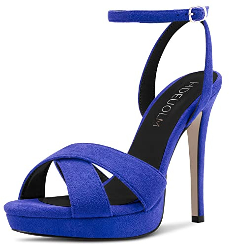 HDEUOLM Femmes Aiguille Haut High Plate-forme Talon Heel Ouvert Bout Sandales Lanières Cheville Mariage Dress 12 CM Heels Bleu Roi 39 EU
