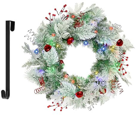 Christmas Wreath for Front Door 24inch - Pre-Lit Artificial Christmas Wreath, Lighted Christmas Wreaths Battery Operated, with Bells and Wreath Hanger, for Front Door Wall Windows Xmas Decoration