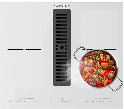 Klarstein 2 en 1 Plaque de Cuisson Induction avec une Hotte Aspirante pour Ilots 60cm, Table de Cuisson à 4 Anneaux avec Flex Zone, Commande Tactile, Hotte Aspirante 391m³/h, Classe Energétique A+