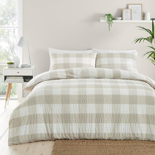 Fusion - Copripiumino Seersucker a quadri naturali - Letto matrimoniale (200 x 200 cm) - Design reversibile (strisce) - Morbido al tatto - Biancheria da letto effetto increspato - Copripiumino in