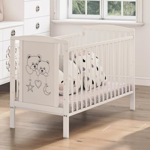 Bello24 - Cuna Oso Luna Ecológica y de Madera Maciza 3 Veces Regulable en Altura con colchón y Tres Lamas extraíbles 60 x 120 cm