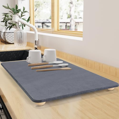 Large Stone Dish Drying Mat for Kitchen Counter, 24×16 Quick Dry Super Absorbent Eco-Friendly Diatomaceous Earth Stone Mat with hemisphere wooden feet, Non-slip, Heat Resistant, Multi-purpose mats.