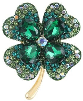 Wekuw Vierblättriges Kleeblatt Brosche 5cm Strass Brosche Damen Kristall Verkleinern Pins Anstecker Anstecknadeln Pins Schmuck Retro für Kleidung, Taschen, Rucksack, Hut (Grün)