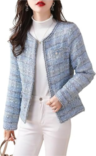 Blazer Elegante da Donna Giacca da Ufficio Business in Tweed alla Moda Giacca Casual Ampia a Maniche Lunghe con Scollo Tondo (Blu,XL)