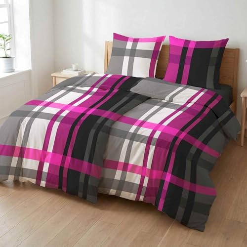 etérea Microfaser Bettwäsche 135x200 4 teilig - Ganzjahres Bettbezug - Urban Check Kariert Bettwäsche-Set mit Kissen 2X 135x200cm + 2X 80x80cm - Violett