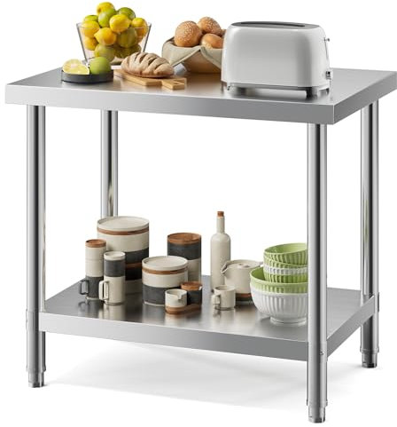 FIDOOVIVIA 90 x 60 x 80cm Stainless Food Prep Table, Kitchen Catering Table with Double Layer, 150kg Load Capacity Heavy Duty Commercial Work Table for Restaurant Kitchen Bar Garage