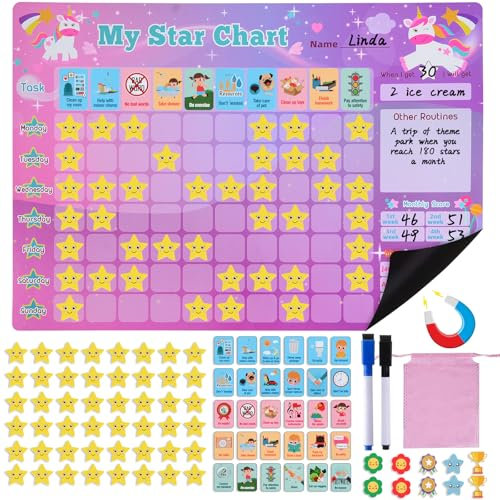 BITOYO Belohnungstafel für Kinder, Montessori Magnettafel Wochenplaner Mit 30 Aufgaben Und 70 Magnete Sterne, Belohnungssystem Zum Entwickeln Von Verantwortung Und Guten Gewohnheiten