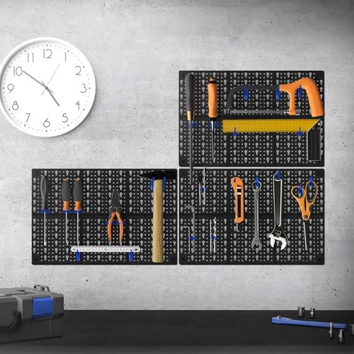 ECD Germany Werkzeugwand dreiteilig mit 46 blauen Aufhängern, 150x33x1,7 cm, Werkzeug Lochwand mit Halterungen und Montagematerial, Werkzeuglochwand Erweiterbar, Wandregal Lochplatte Werkstatt Zubehör