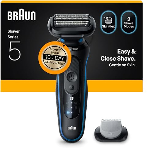 Braun Series 5 Electric Shaver, Wet & Dry Foil Razor for Men with Body Groomer Attachment, Cordless, Up to 50 min, 100 percent Waterproof, 52-B1600S, Blue