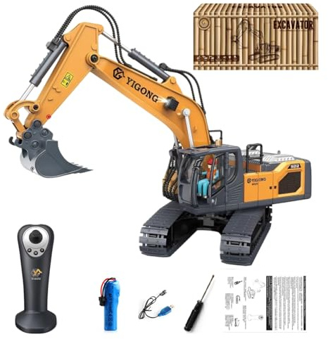 Ezweiji Escavatore Telecomandato con Telecomando Cabina, Veicolo da Cantiere RC 11 Canali con Joystick di Simulazione e Pala in Metallo, Trattore Giocattolo Sabbiera, Regalo Bambino 3 4 5 6 Anni
