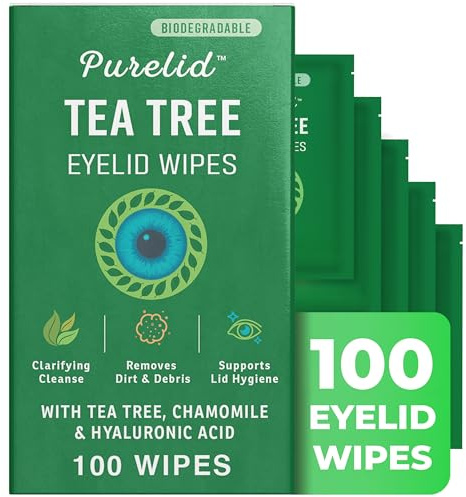 PURELID 100PCs Tea Tree Eyelid Wipes – Cleaning Eye Wipes for People with Dry Eyes & Allergies – Gentle Eyelid Cleanser with Hyaluronic Acid, Chamomile and Aloe – Individually Wrapped & Biodegradable