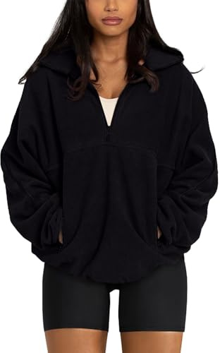 LASLULU Womens Half Quarter Zip Pullover Oversized Sweatshirt Black Sherpa Fleece Jackets Workout Athletic Gym Jacket Warm Fuzzy Sweaters 2025 Fall Winter Fashion Clothes (Black,Medium)