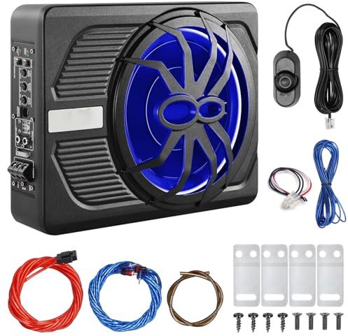 Shkalacar 10 Subwoofer de Vehículos de 600W, Altavoces de bajo de Automóviles Ulttrathin de 12V, Amplificador Integrado con Ambiente de Luz LED, Debajo del Asiento con Cables y de 12V