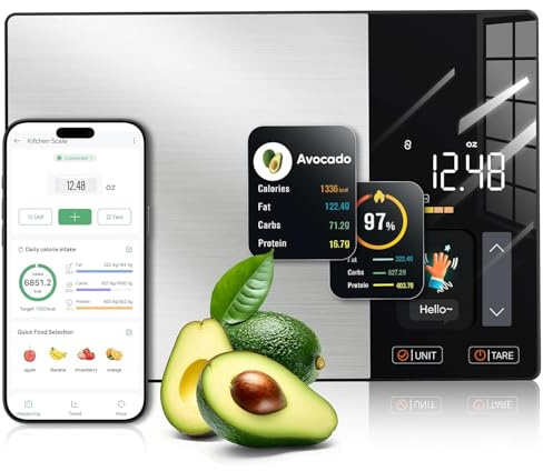 Smart Food Kitchen Scale with Nutritional Calculatorwith TFT Display, Free App, Calorie & Macro Tracking, Food Preload, On-Screen Nutrient Info, Personal Goals, 11 lb / 5 kg