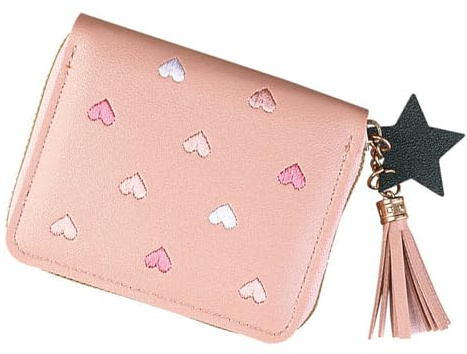 Cute Girls Purse,Simple and Versatile Girls Wallet,Heart-Shaped Design Pink Purse with Tassels and Star Pendants,Easy to Carry Coin Purses Kids,for Adults,Storing Bank,Transit Cards,Small Gifts