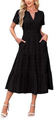 Vestido Largo Maxi de Verano para Mujer 2026 con Cuello en V, Manga Corta, Fruncido, Volantes escalonados y caída fluida. Ideal para Fiestas en la Playa.