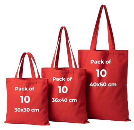 IMFAA Canvas Tote Återanvändbara shoppingpåsar, paket med 10, 100 % bomull, idealisk för tryck och broderi i flera färger, bomullsfoder, maskintvätt, unisex-vuxna, Röd, Large(50x40+60)