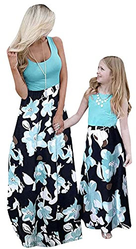 Yming Mutter und Tochter Ärmellose Kleider Blumenkleid Freizeitkleid Rundhals Familiekleid Casual Sommerkleid Grün Blumen 7-8 Jahre