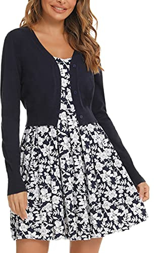 Lady's Elegant Solid Knit Cardigan Cropped Long Sleeve Shrugs Spring Summer Autumn Coat Mini Jacket for Weddings Bolero for Dress-Navy Blue/XXL