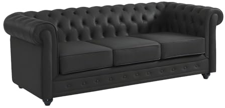 Vente-unique-Divano 3 posti in Pelle di bufalo Nera - CHESTERFIELD