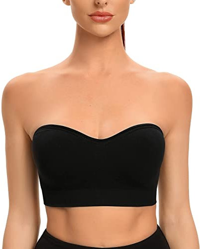ANGOOL Damen Trägerloser BH Push Up ohne Bügel Bandeau Top Damen Gepolsterter Seamless Rutschfestes Silikon mit Transparenten Trägern, Schwarz, L