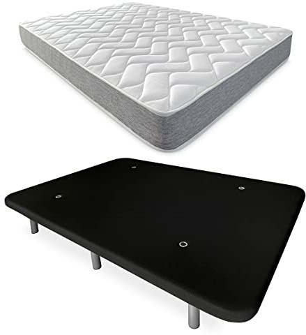 DUÉRMETE ONLINE - Cama Completa con Colchón Viscotec Reversible + Base Tapizada Reforzada Color Negro con 6 Patas Metálicas Roscadas, 90 x 190