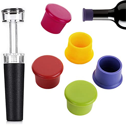 1 Pompa a Vuoto per Vino, 5 Silicone Tappi Ermetico per Bottiglie di Vino, Coperchio Sigillante per Tappo di Bottiglia di Vino Birra Colori Assortiti Riutilizzabili