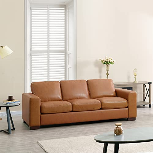 Naomi Home Genuine Leather Couch for Family Living Room – Luxury Sofa with Ergonomic Backrest, Square Arms, Solid Wood Frame, Strong Weight Capacity & Removable Cushions – Premium Genuine Leather Sofa