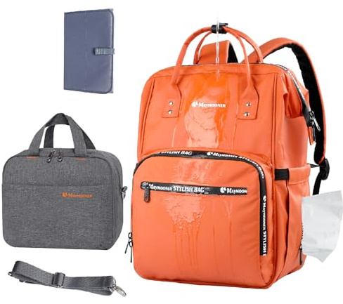 BesyPro Waterproof Diaper Bag Backpack with Portable Changing Pad,Large Maternity Baby Nappy Changing Bag Insulated Pockets, Orange Set, One Size, Rucksack Backpacks