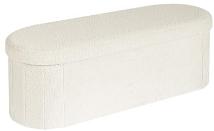 Bonlife Folding Ottoman Storage Bench,Boucle Footstool Oval, End of Bed Stool, Ideal for Living Room, Bedroom, 100L Storage Space,White